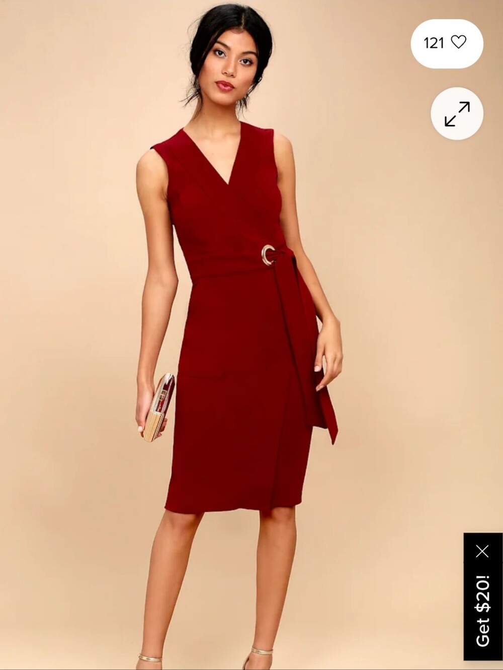 Lulus Wine Red Faux Wrap Midi Dress with Gold Ring Detail Size M